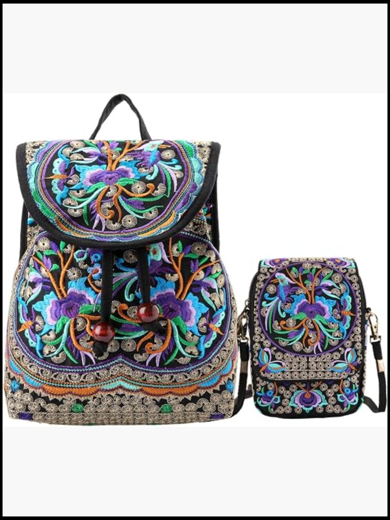 2-Piece Floral Embroidered Backpack & Crossbody Bag Set Canvas Travel School